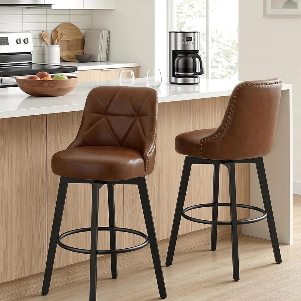 Polarisys 26" Faux Leather Swivel Bar Stool, Brown, Set of 2