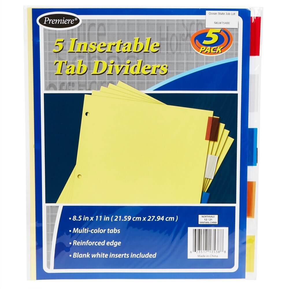 Premiere Insertable Tab Dividers with Colored Tabs, 5-Count