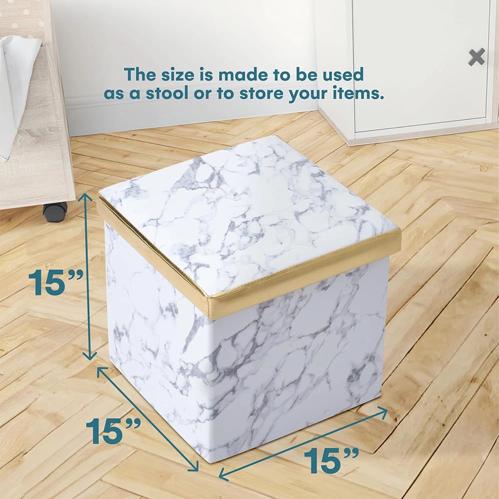 Storage Cube Stool, White Marble/ Gold