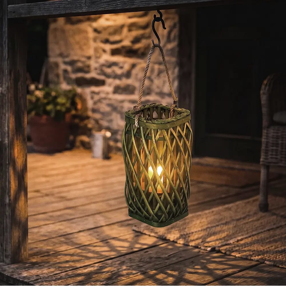 Barbara King Square Wicker Lantern With Remote, Green, 12"