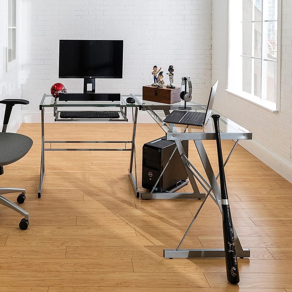 Walker Edison L-Shaped Modern Glass Corner Computer Desk, Silver