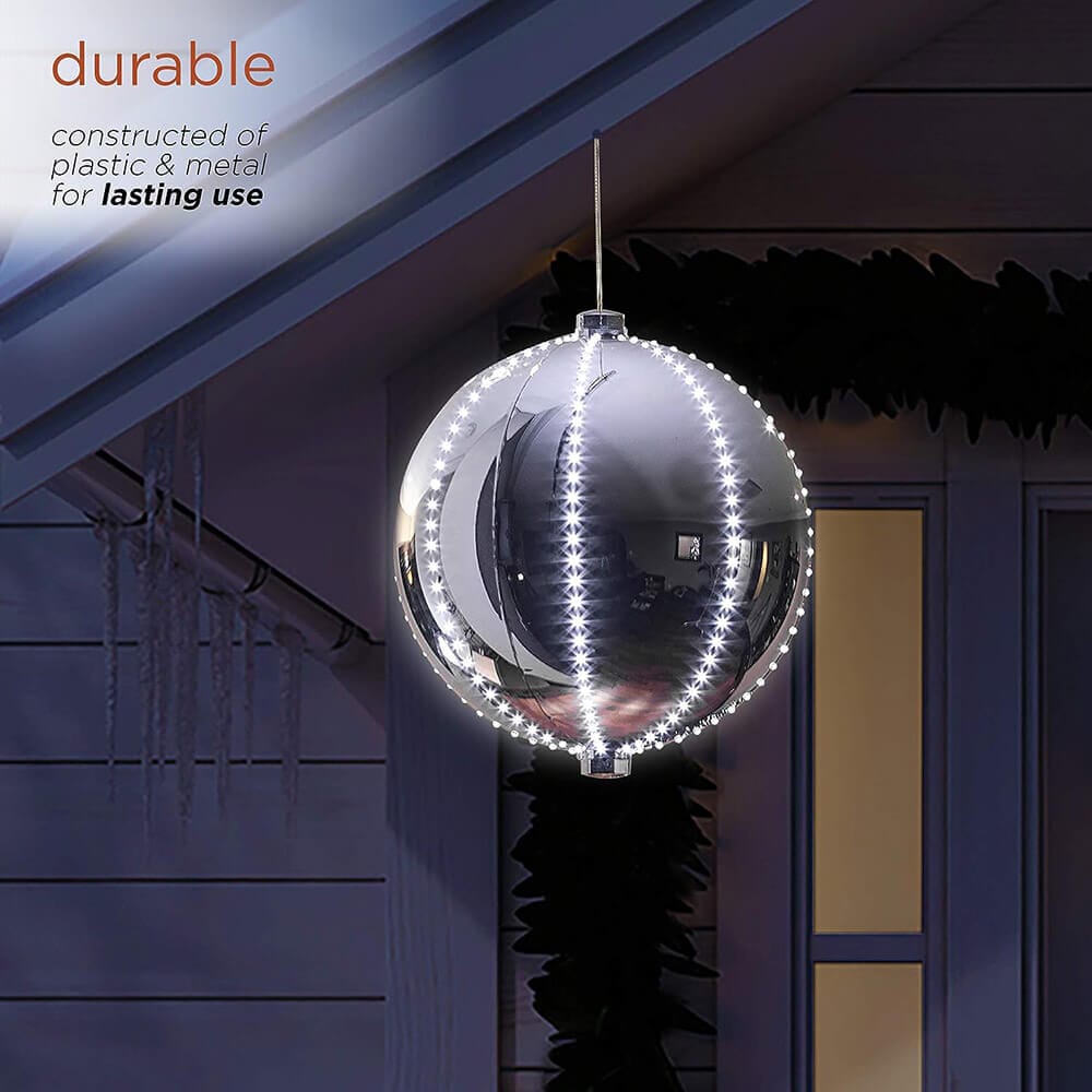 Alpine 13" Large Hanging Christmas Ball Ornament with 240 Warm White Chasing LED Lights & 6 Light Effects, Silver