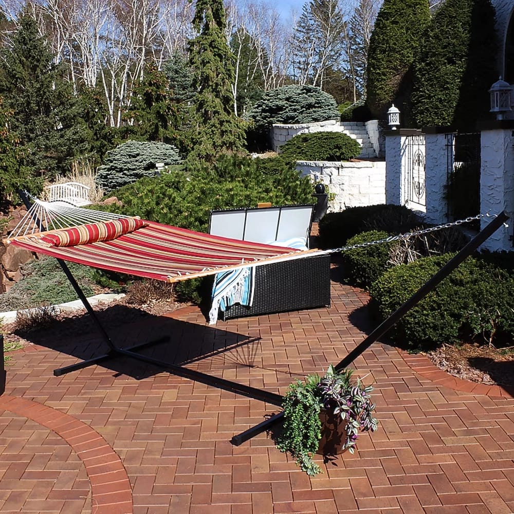 Sunnydaze 2-Person Outdoor Fabric Hammock with Stand, Red Stripe