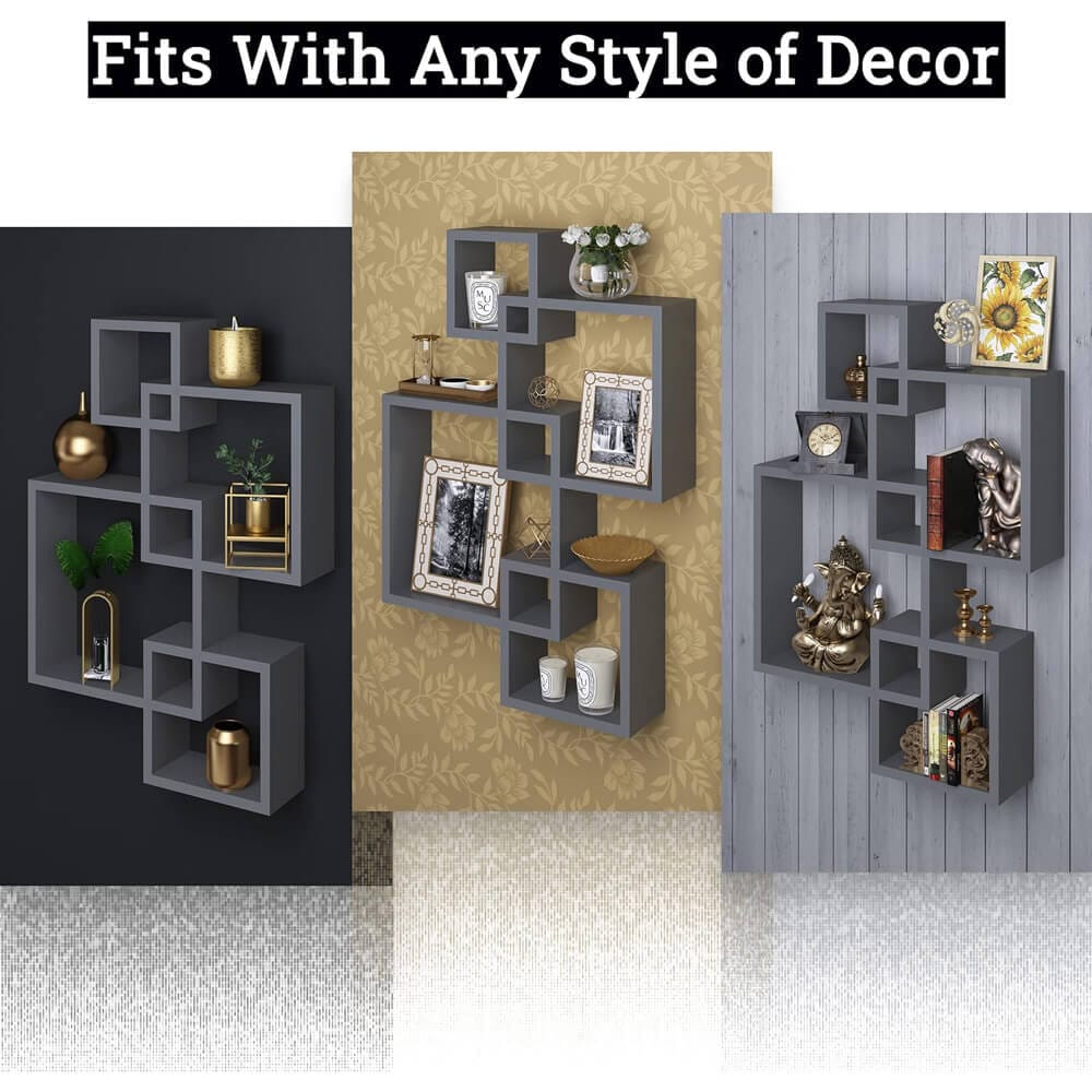 Greenco Intersecting Cube Shelves, Set of 4, Gray