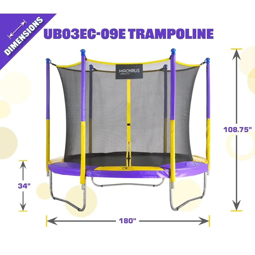 Machrus Upper Bounce Round Trampoline Set with Safety Enclosure System, Purple/Yellow, 9'