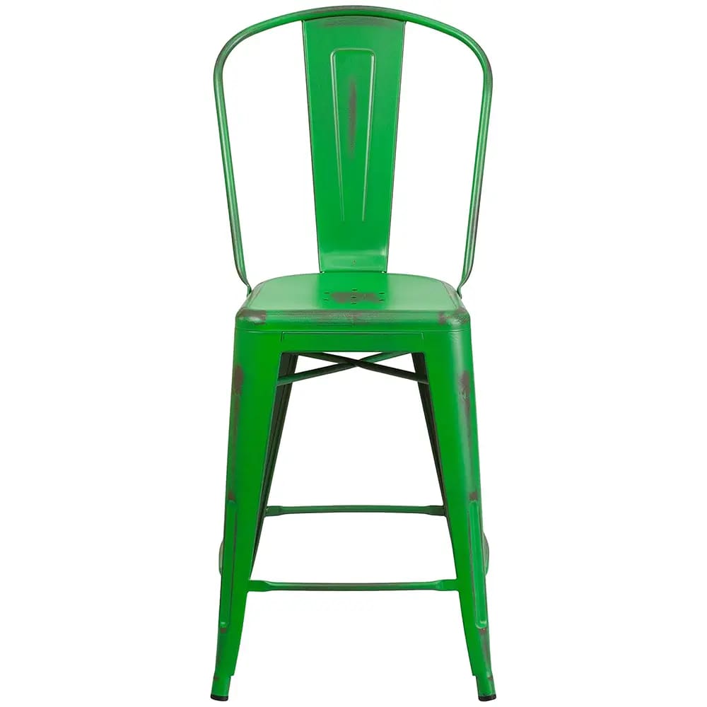 Flash Furniture Metal Indoor/Outdoor Counter Height Stool, Distressed Green, 4 Pack