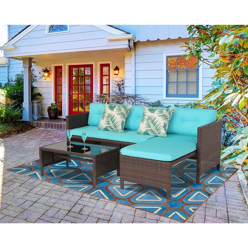 Outdoor Rattan Loveseat with Sectional Chaise Lounge, Turquoise