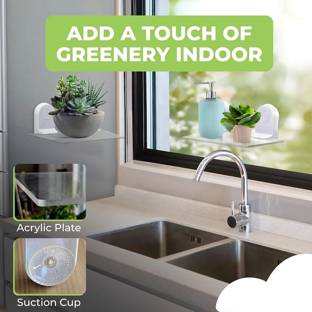 Window Garden Small Suction Cup Window Shelf, White, Set of 2