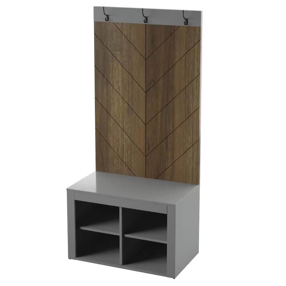 Twin Star Home Chevron Hall Tree with 4 Storage Cubbies, Pure Gray/Plainview Walnut