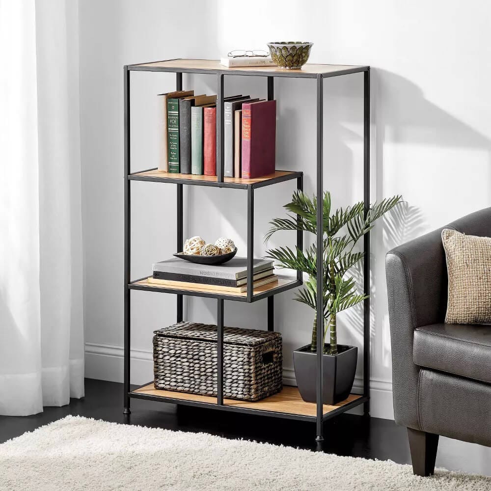 mDesign Mid-Century 4-Tier Storage Bookshelf, Black/Nordic Walnut