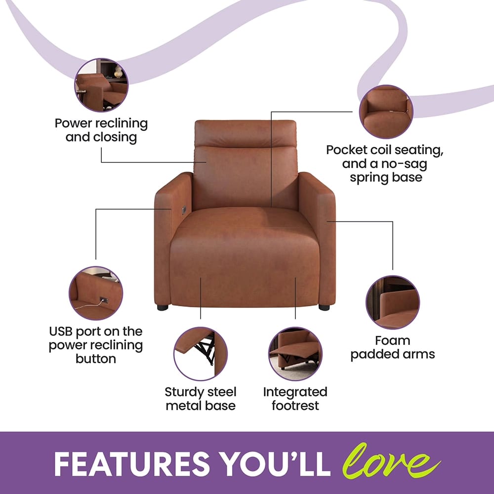Upholstered Power Recliner Chair, Light Brown Faux Leather