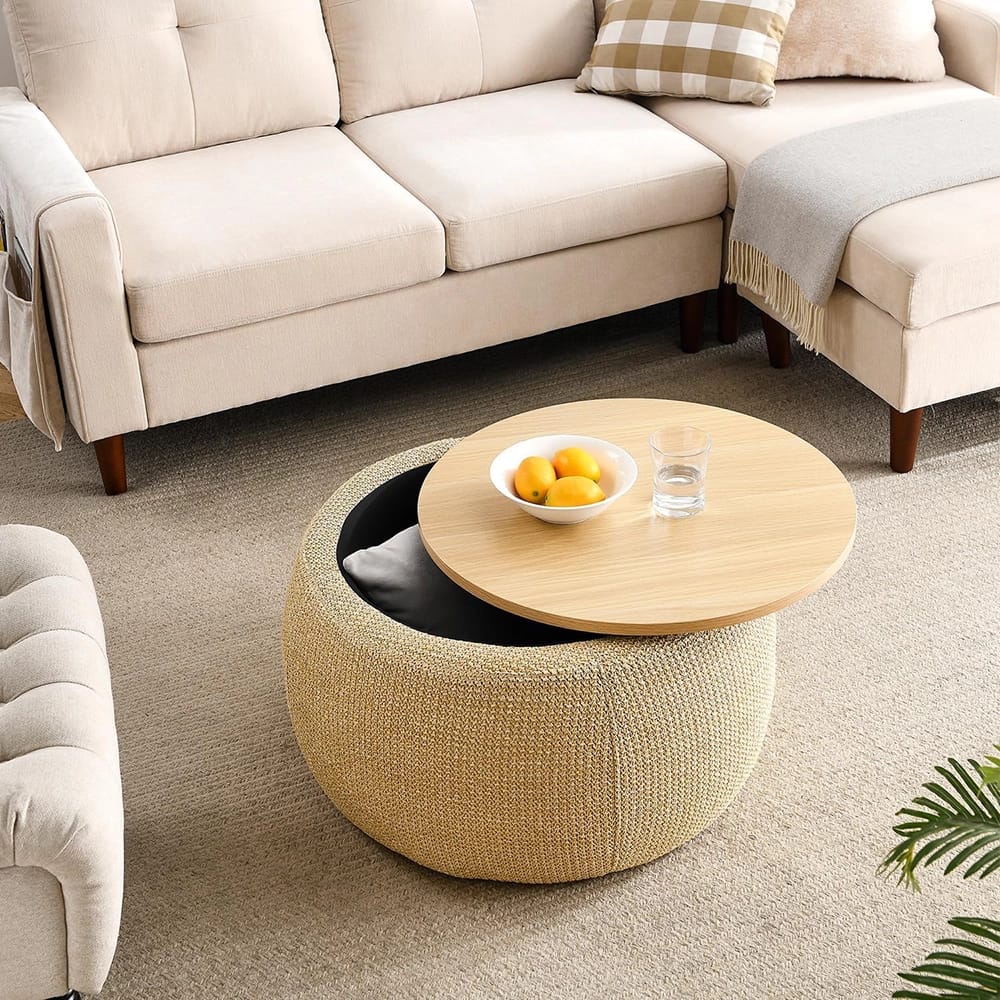 Round Storage Ottoman, Natural