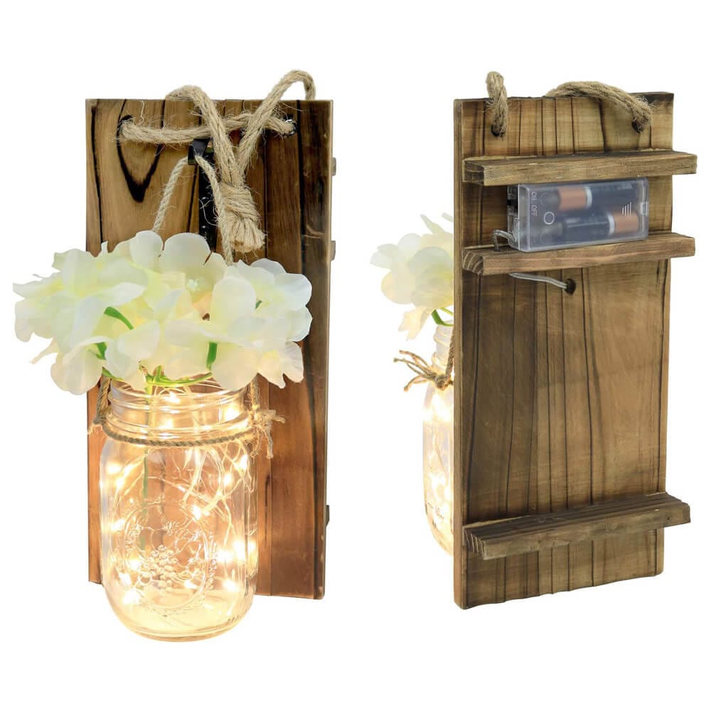Greenco Rustic Style Wall-Mounted Mason Jar Sconce with Faux Flower & LED Strip Lights, Set of 2
