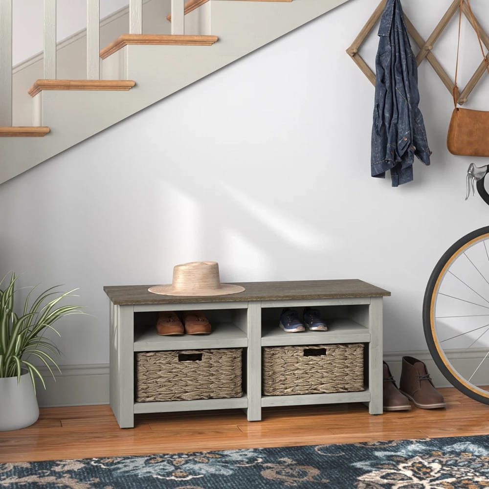 Twin Star Home Storage Bench with Baskets, Fairfax Oak