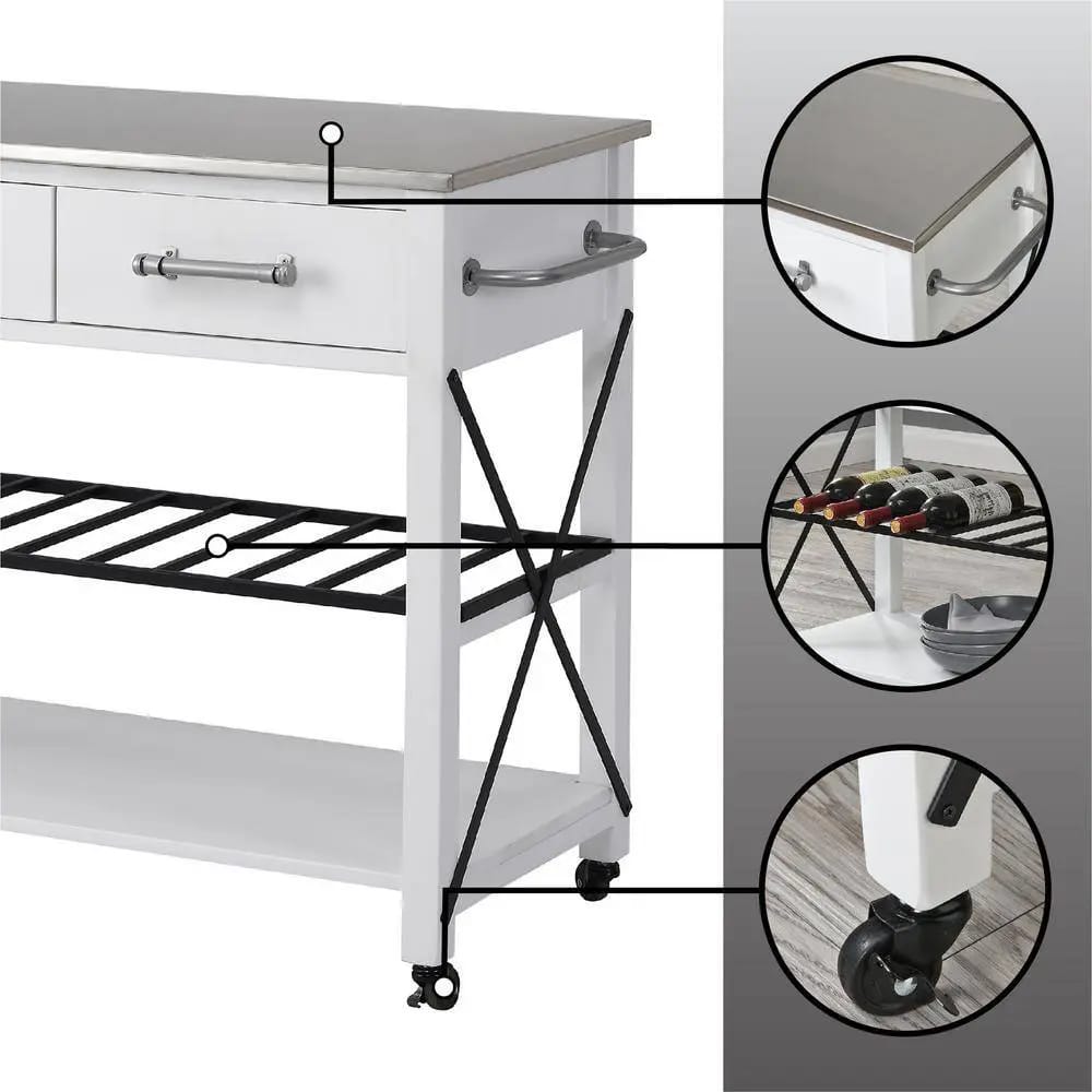 FirsTime & Co. Aurora Farmhouse Rolling Kitchen Cart with Stainless Steel Top, White