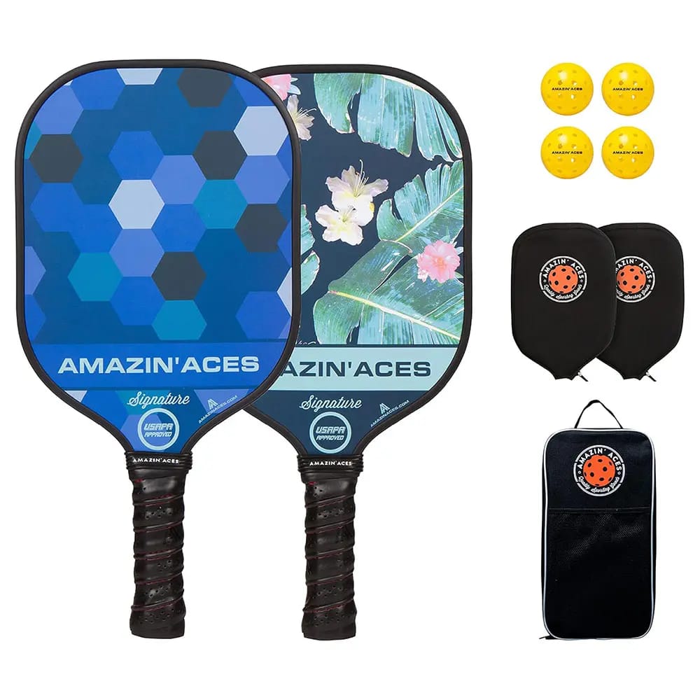 Amazin' Aces Signature Graphite Pickleball Paddle Set, Set of 2, Honeycomb Blue & Tropic Green