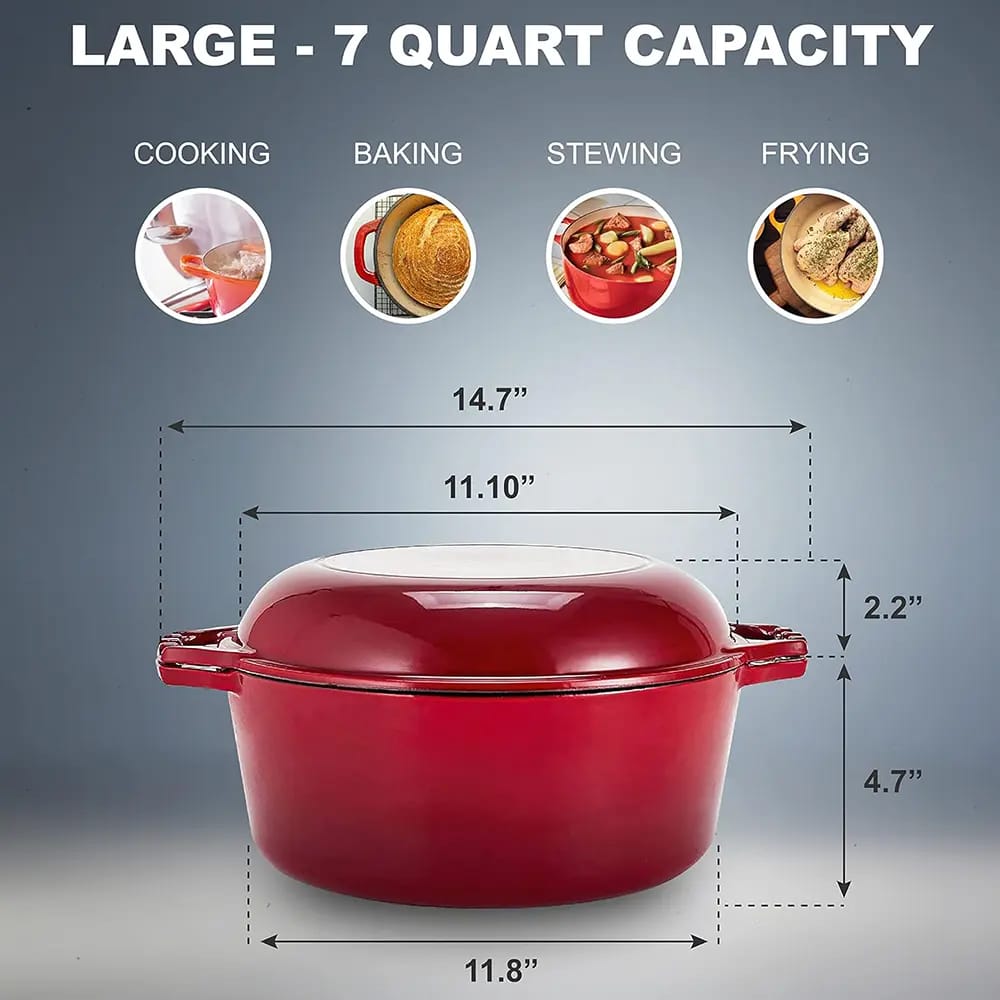 Bruntmor 7-Quart Enameled Cast Iron Dutch Oven, Red