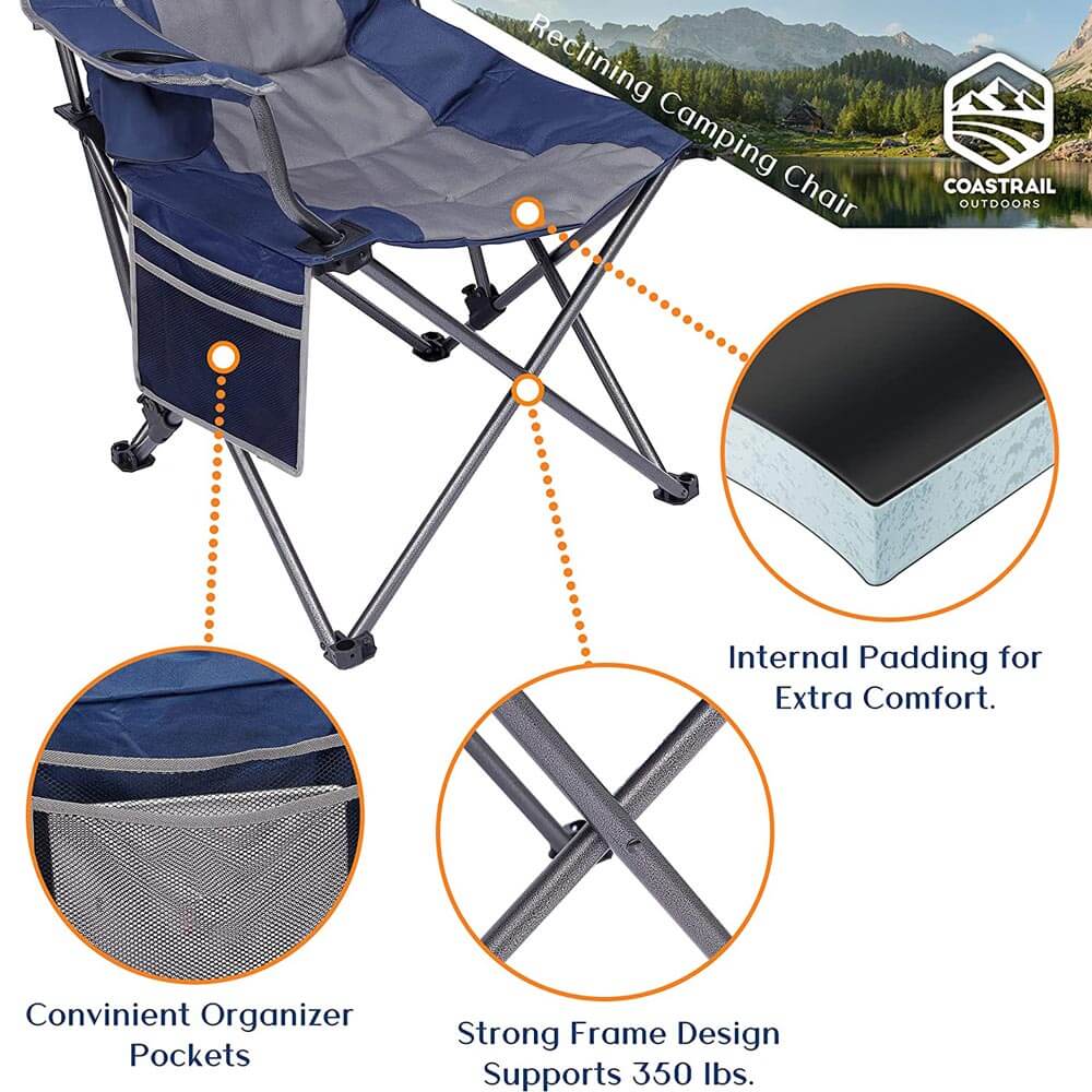 Coastrail Outdoor 3-Position Reclining Camp Chair with Cup Holders, Blue/Gray