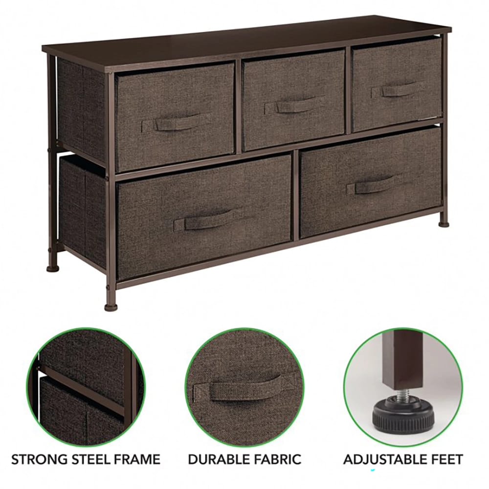 mDesign Wide 5 Drawer Fabric Dresser, Espresso