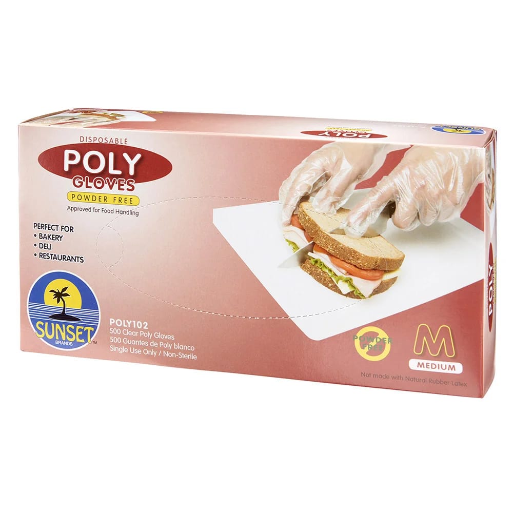 Sunset Brands Disposable Poly Food Service M Gloves, 500 ct, 10-Pack