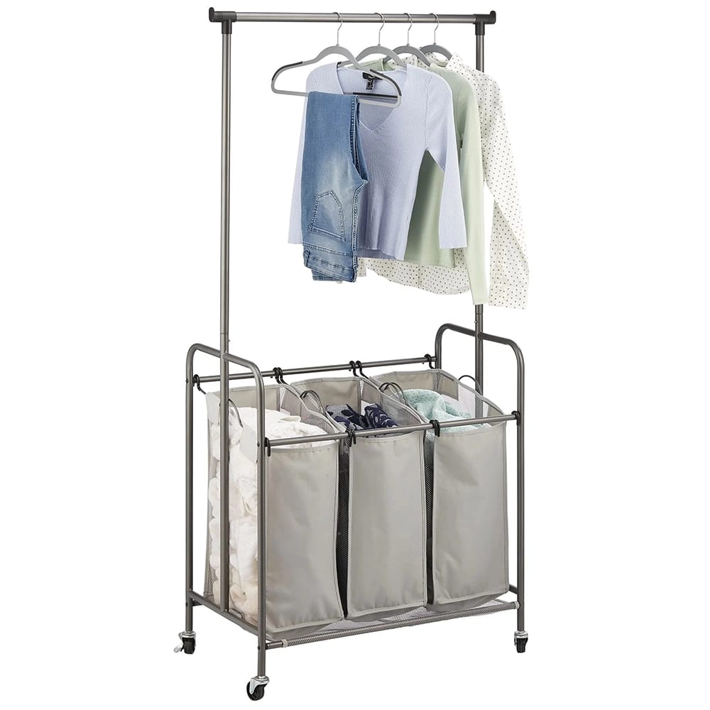 mDesign Portable Laundry Sorter with Wheels and Steel Hanging Bar, Graphite/Gray