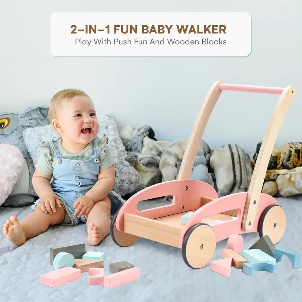 Childlike Behavior Wooden Baby Push Walker with Wheels, Pink