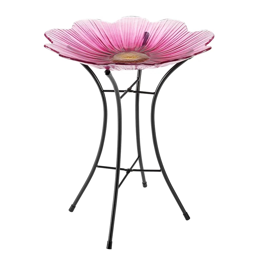 Pink Flower Glass Bird Bath, 16"