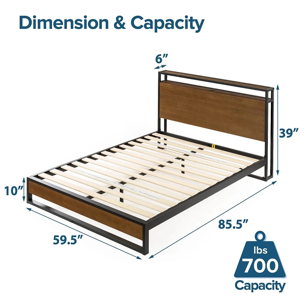 Zinus Suzanne Platform Bed with Headboard Shelf, Queen, Brown/Black