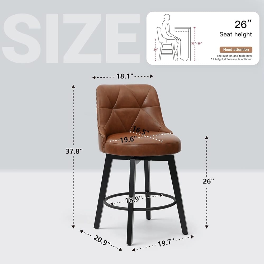Polarisys 26" Faux Leather Swivel Bar Stool, Brown, Set of 2