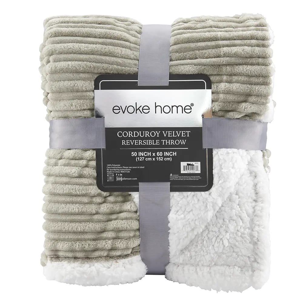 Evoke Home Corduroy Velvet Reversible Throw, 60"