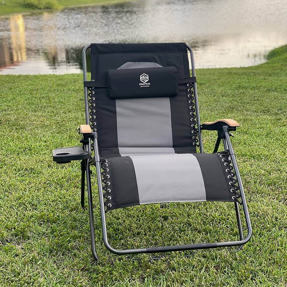 Coastrail Outdoor Zero Gravity Chair with Premium Wood-Like Armrests & Side Table with Cup Holder, Black/Gray