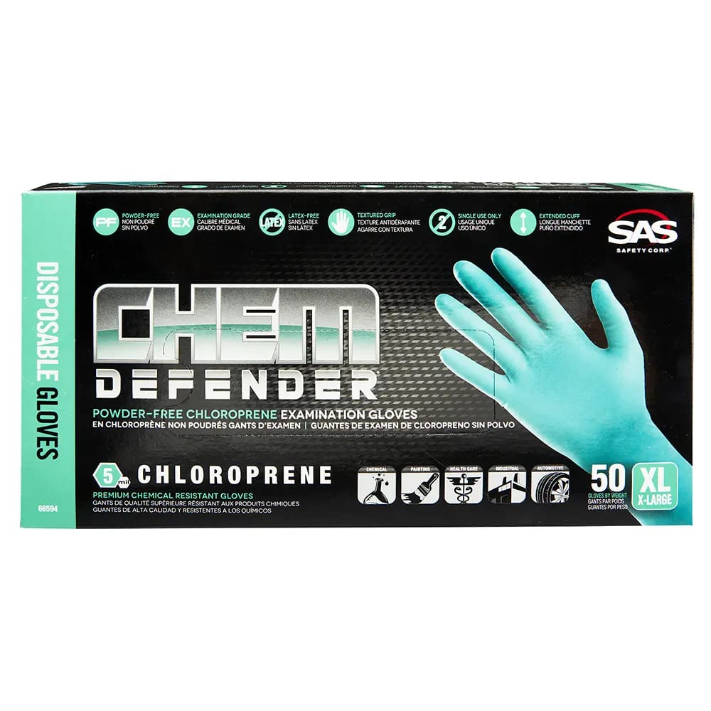 SAS ChemDefender XL Powder-Free Chloroprene Disposable Gloves, 50 Count