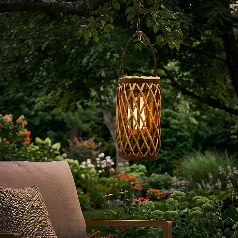 Barbara King Square Wicker Lantern With Remote, Caramel, 12"