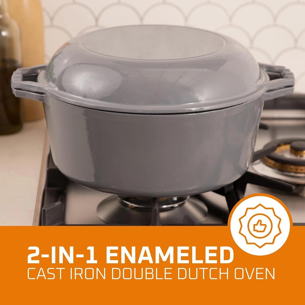 Bruntmor 7 Quart 2-in-1 Enamel Cast Iron Dutch Oven With Handles, Gray