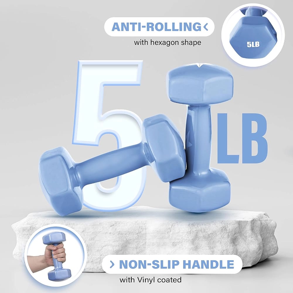 Yes4All Vinyl Hexagon Dumbbell Set, 2 ct, Sky Blue, 5 lb