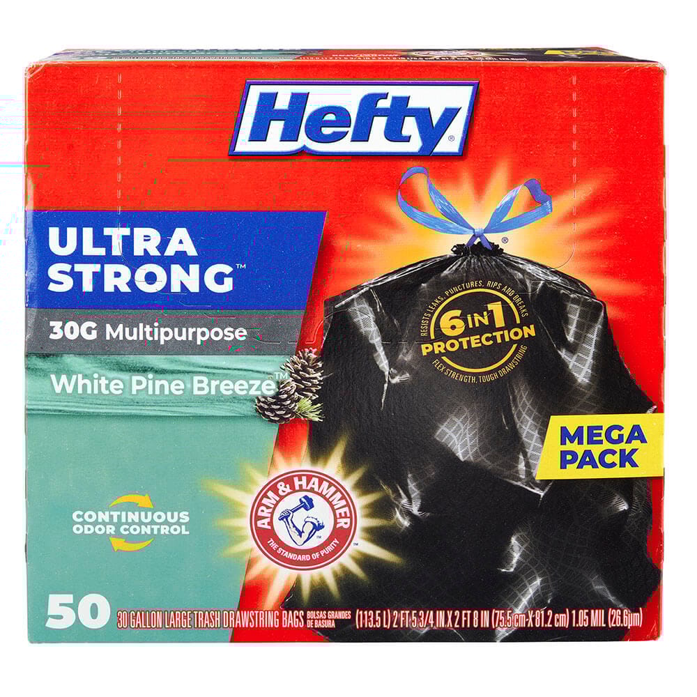 Hefty Ultra Strong Multipurpose White Pine Breeze 30 Gallon Trash Bags, 50 Count