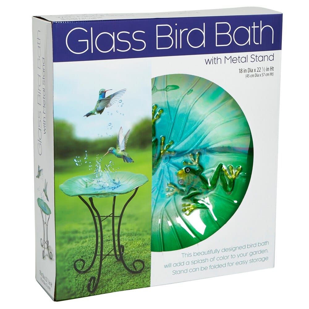 Glass Bird Bath with Metal Stand, 18"