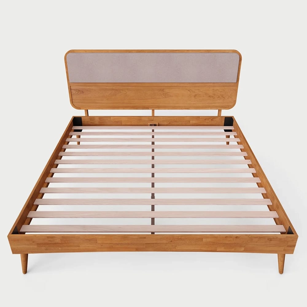 Bme Calista Wood King Bed Frame With Fabric Panel Headboard, Teak Brown