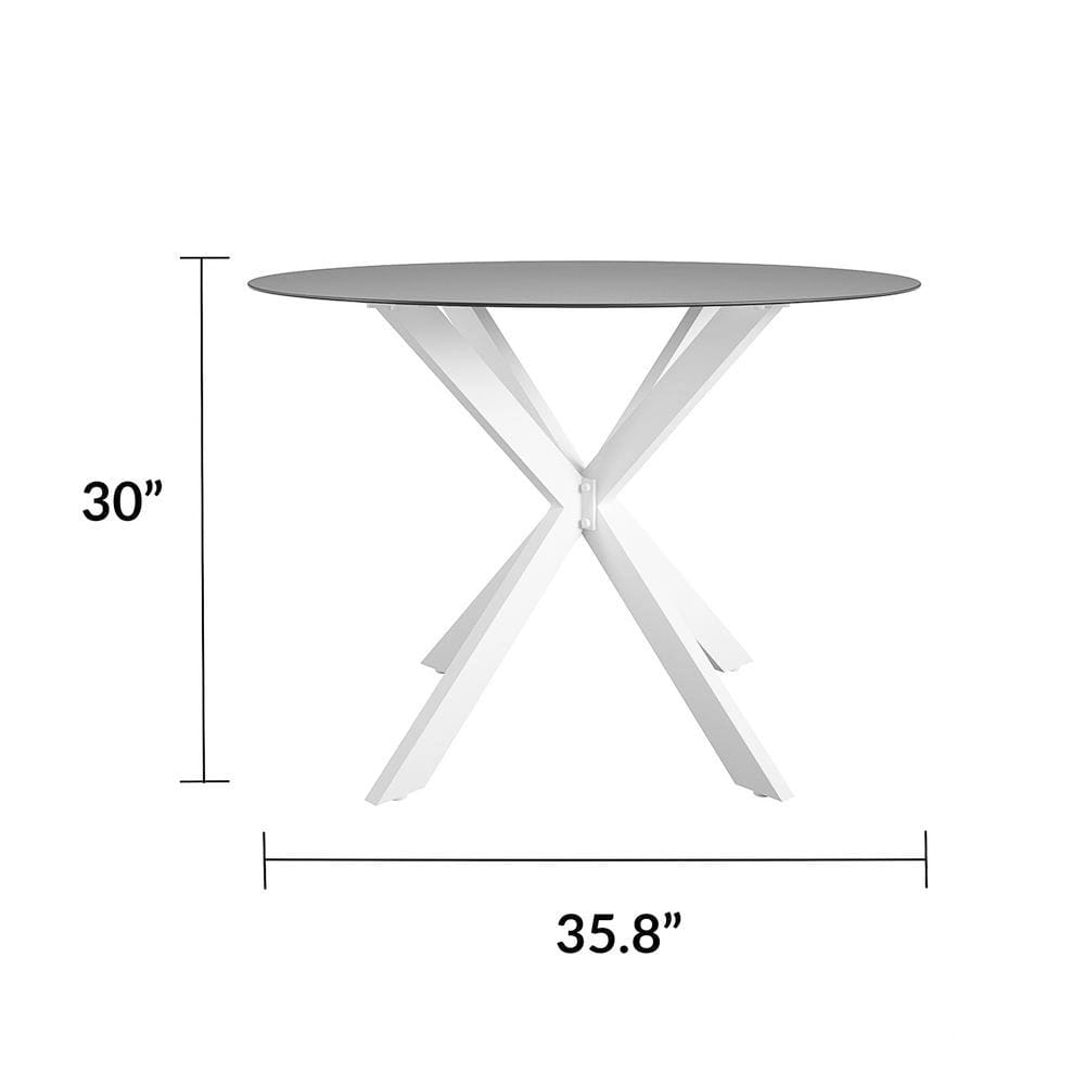 36" Round Metal Outdoor Dining Table with Glass Top, Black/White