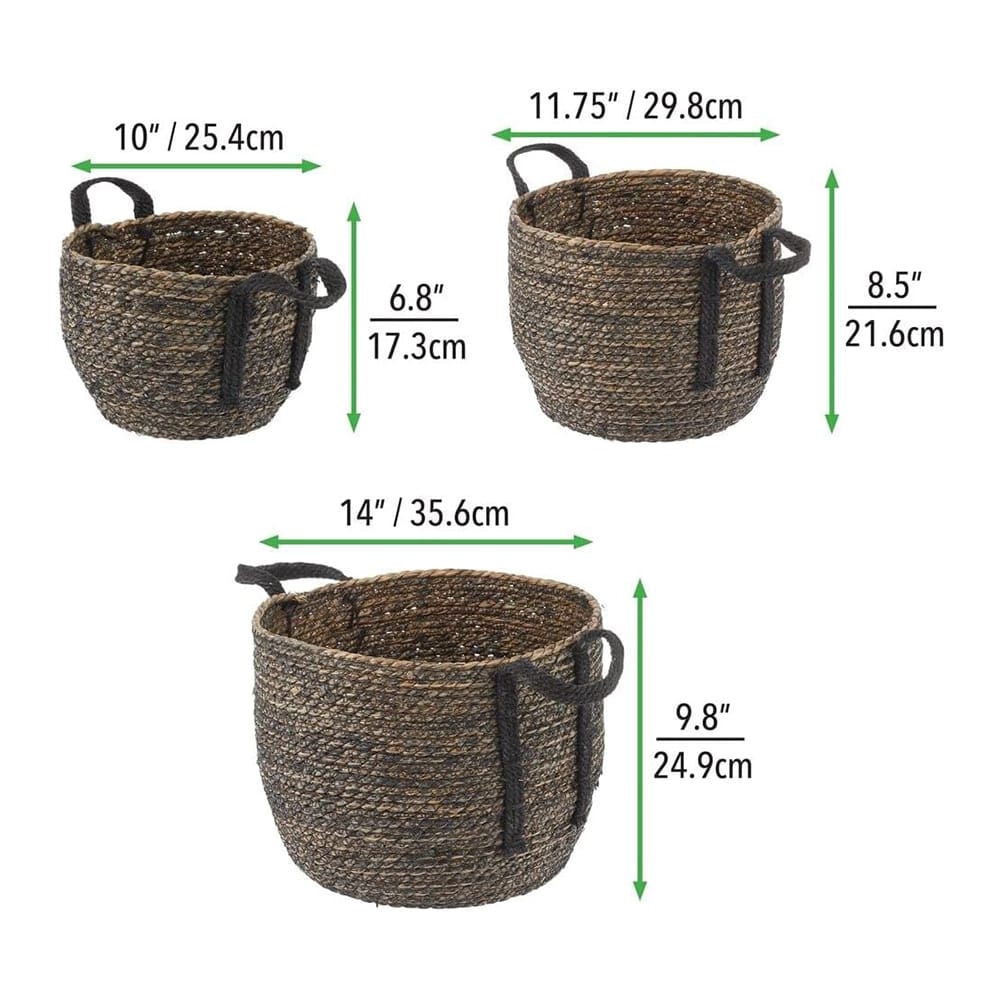 mDesign Round Woven Braided Rope Seagrass Basket, Black, 3 Pack