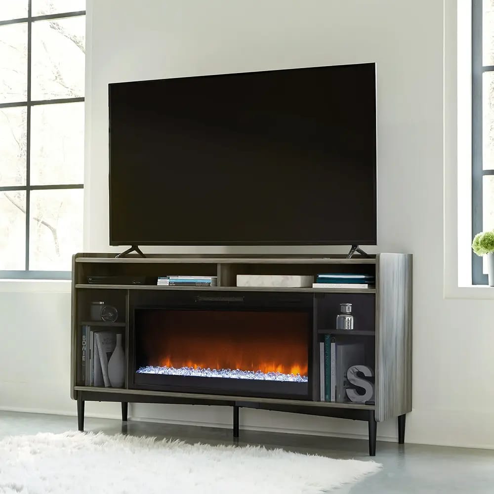 Sauder Harvey Park Fireplace TV Credenza with Glass Doors, Jet Acacia