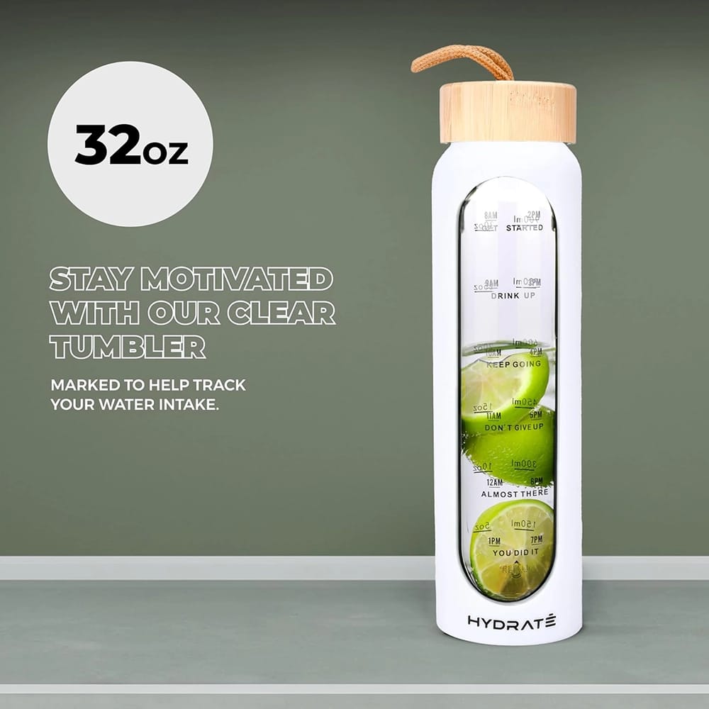 HYDRATE 32 oz Glass Water Bottle, White