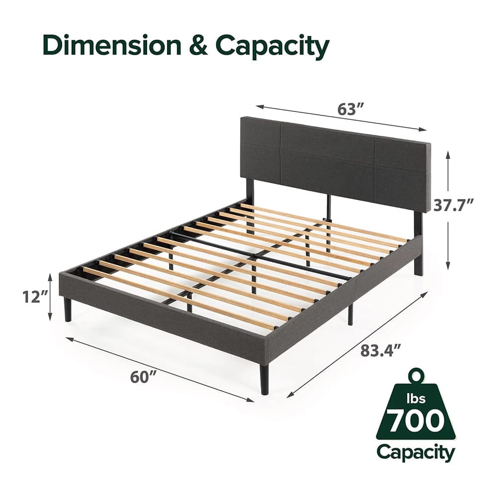 Zinus Denna Upholstered Bed Frame with Headboard, Dark Gray, Queen