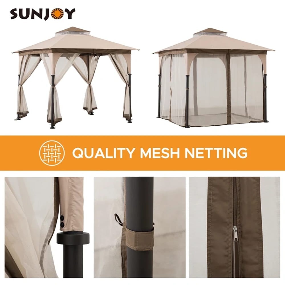 Sunjoy Outdoor Patio 2-Tier Steel Soft Top Gazebo with Ceiling Hook and Netting, 9.5' x 9.5, Brown