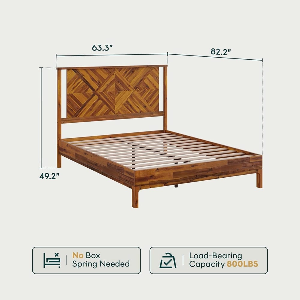 Bme Ethan Queen Solid Acacia Wood Bed Frame With Diamond Headboard, Rustic Caramel