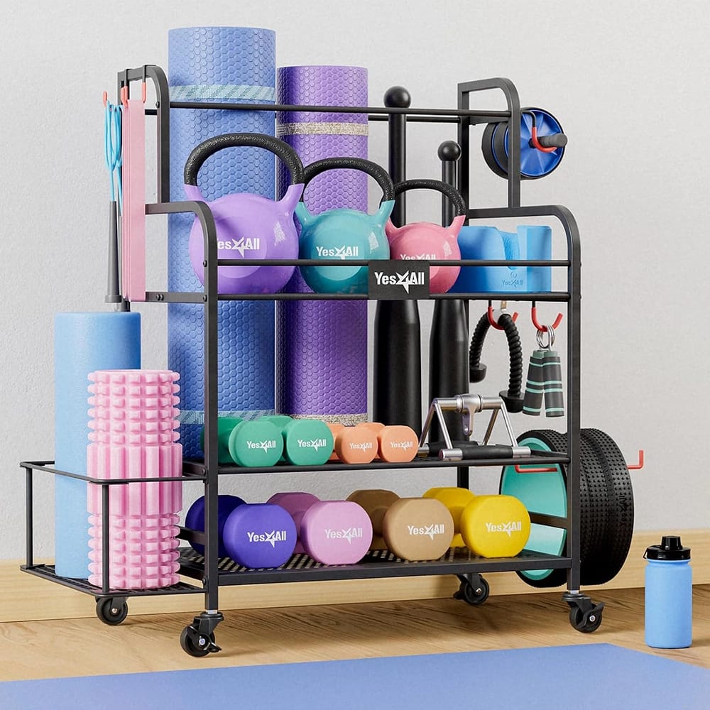 Yes4All All in One Gym Workout Storage With Wheels and Hooks, Black