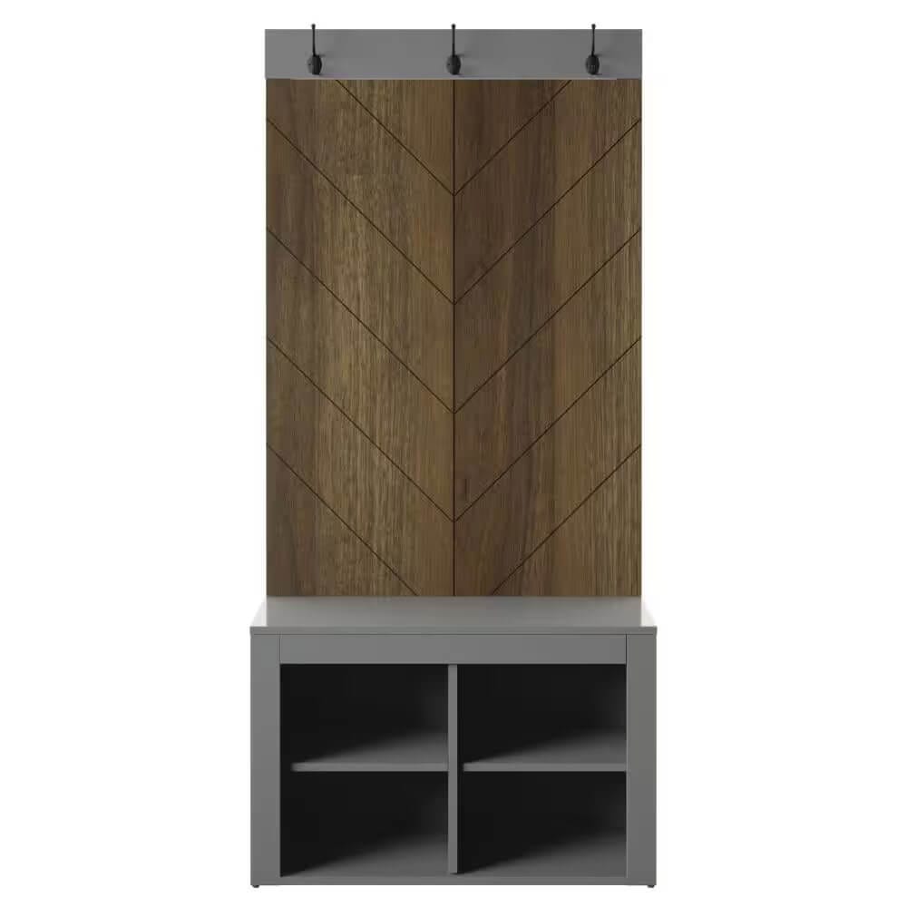 Twin Star Home Chevron Hall Tree with 4 Storage Cubbies, Pure Gray/Plainview Walnut