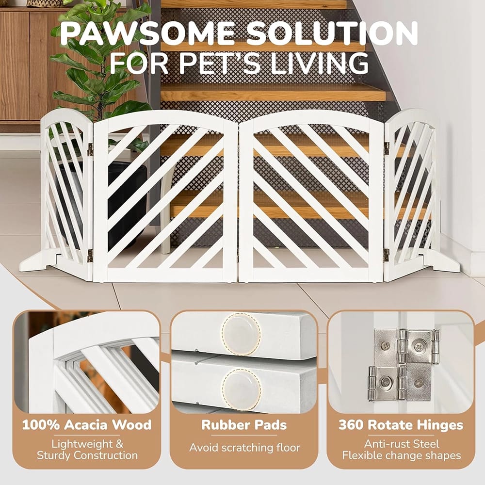 dCee Solid Acacia Wood Freestanding Dog Gate, White, 81"