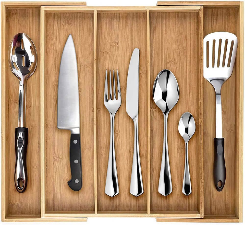 Dynamic Gear Premium Adjustable Bamboo Silverware Drawer Organizer with 3-5 Slots