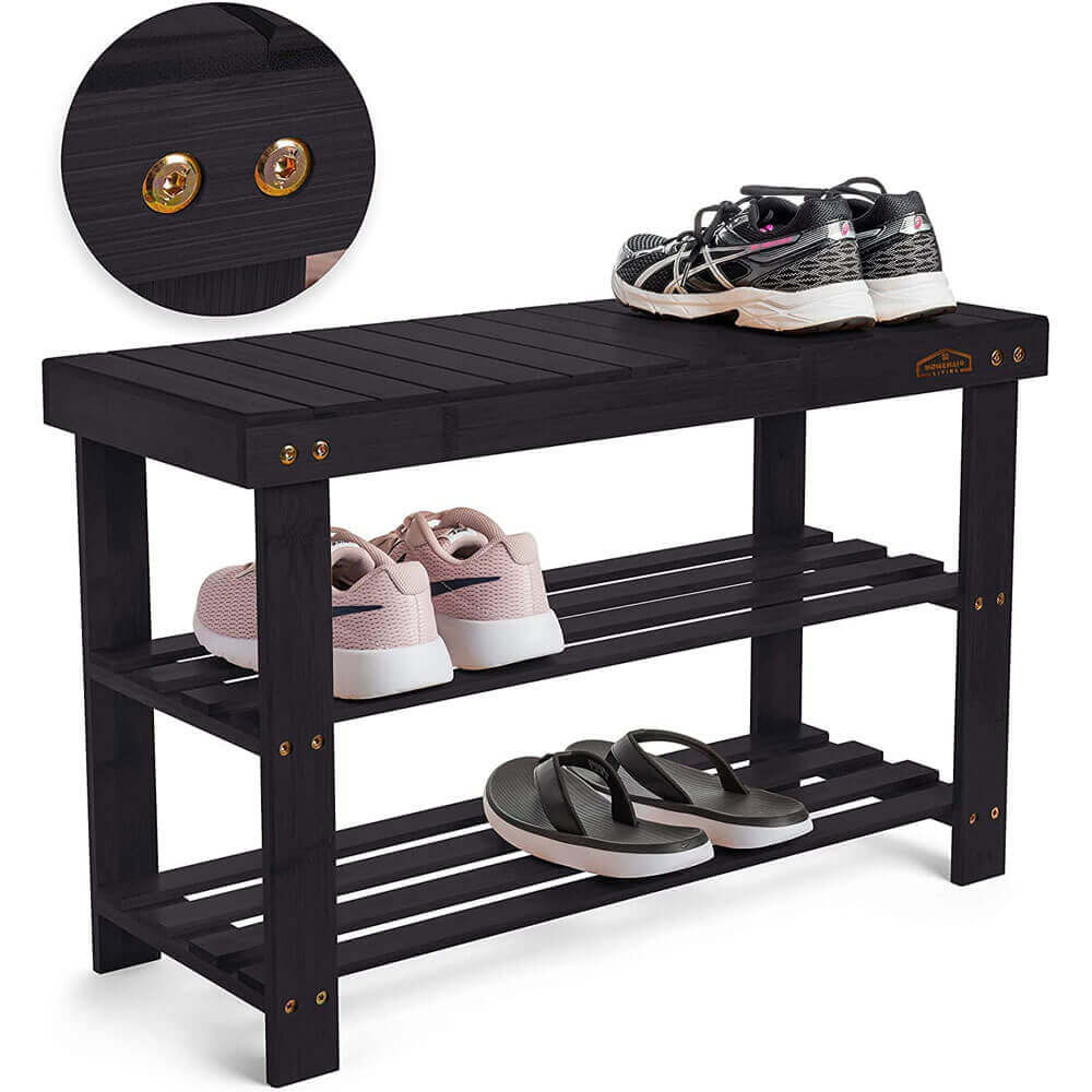 Black NEW Shoe Rack Bench, 3-Tier Bamboo good Shoe Organizer, Storage Shelf